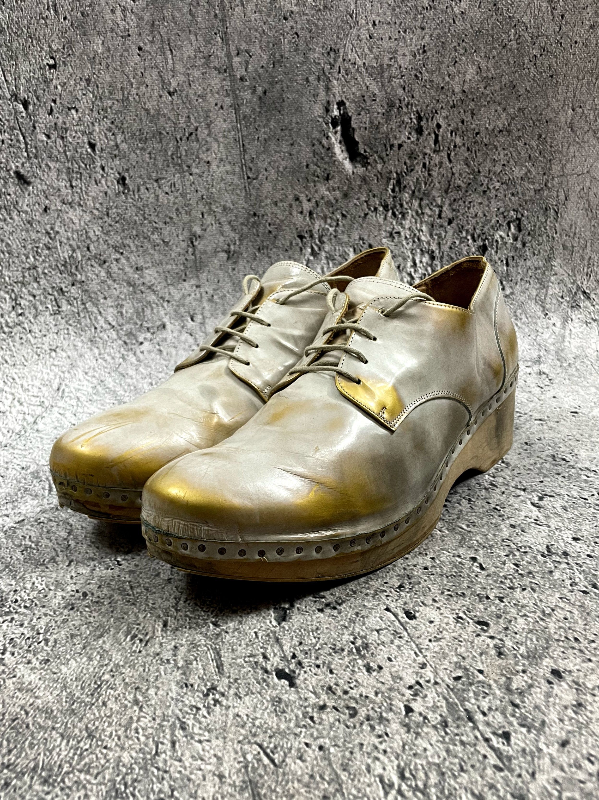 image of Maison Martin Margiela Replica Oxford Nailed On Wooden Clog Shoes in White/Gold, Men's (Size 10)
