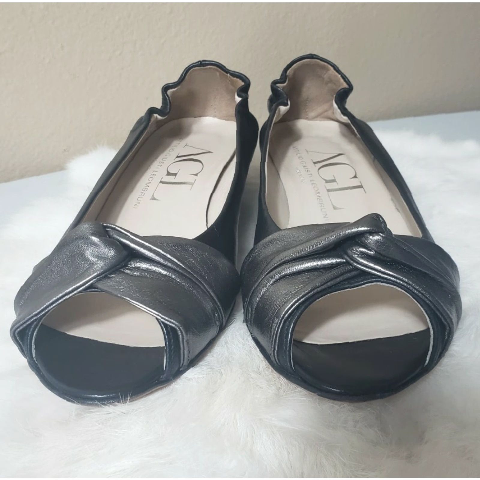 AGL AGL Peep Toe Leather Twist Front Ballet Flats-Size 35/6.5 Women Ballet Flat Black/Pewter Slip On Cushioned Metallic 1 1/2" Heel Size US 7 / IT 37 - 2 Thumbnail