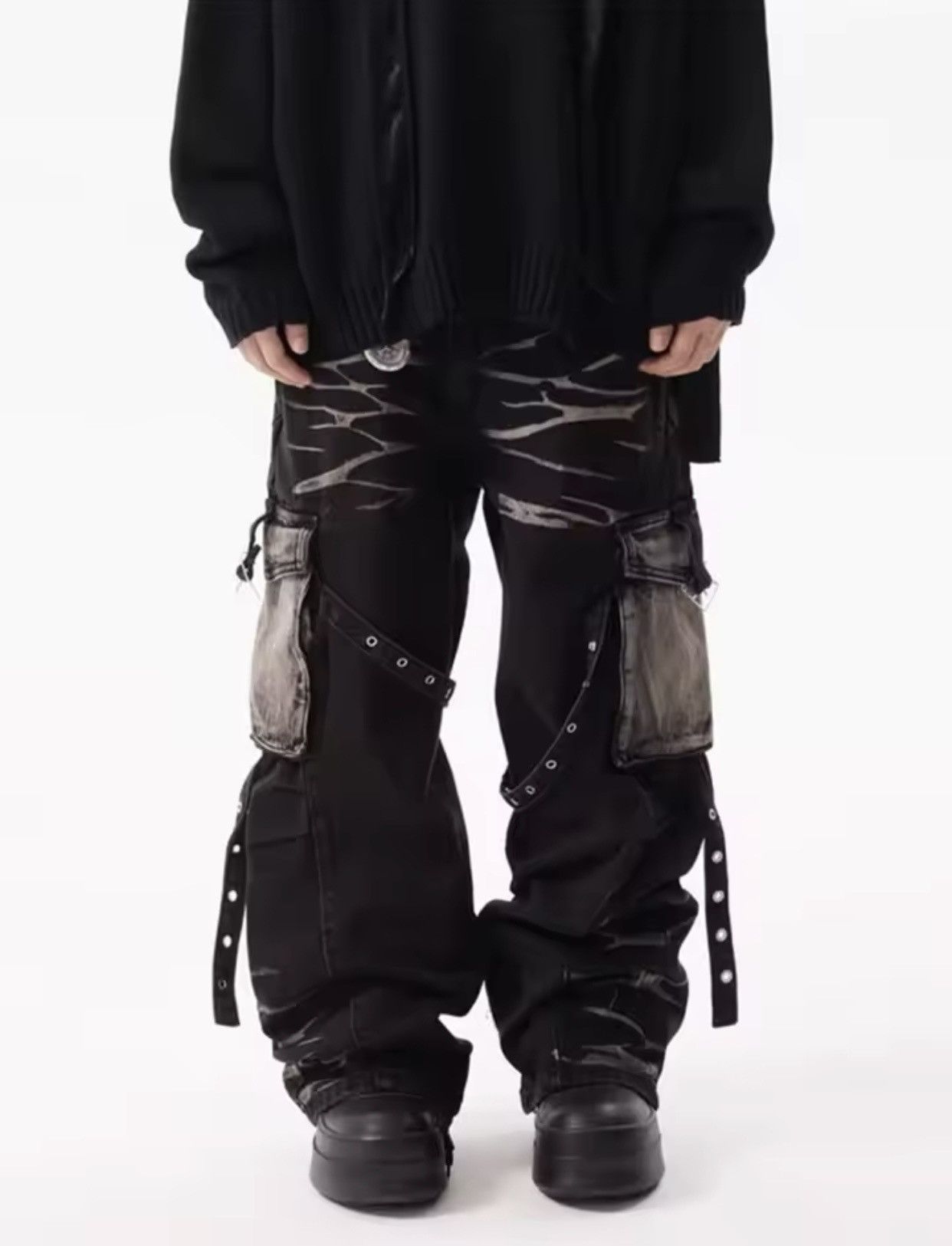 Denime × Jean Cyber Y2K Streetwear Ripple Strap Baggy Cargo Jeans Pants Size US 33 - 2 Thumbnail