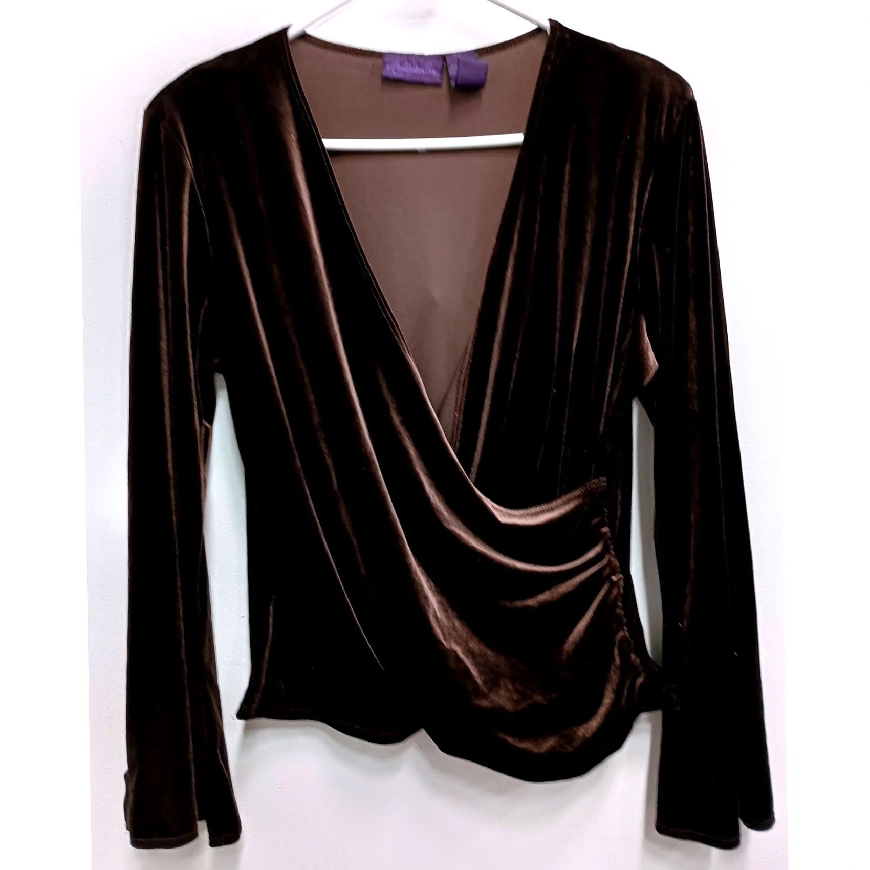Velvet VTG 90s Metaphor Wrap Top Womens Medium Brown Velvet Long Sleeve Ruched Glam Size M / US 6-8 / IT 42-44 - 2 Thumbnail