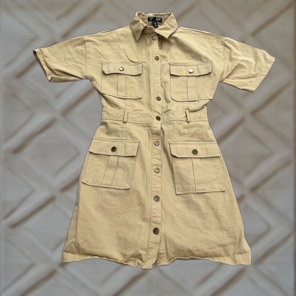 AQUA Aqua Brown Mini Cargo Dress Womens XS Short Sleeve Cotton Snap Size 26" / US 2 / IT 38 - 1 Thumbnail