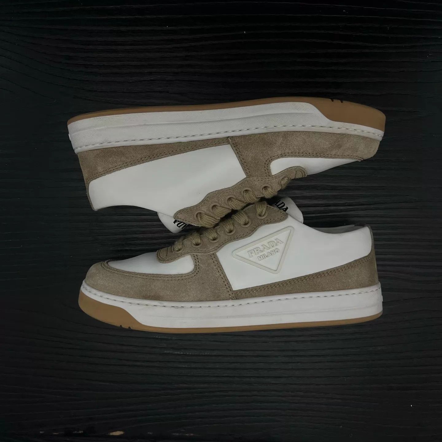 Prada PRADA Women's Triangle Logo White & Brown Sneakers Size US 4.5 / IT 34.5 - 2 Thumbnail