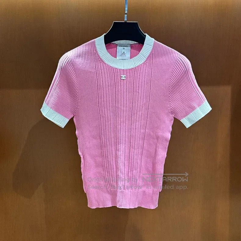 Chanel Chanel Peach pink white border knitted short sleeves Size XS / US 0-2 / IT 36-38 - 1 Thumbnail