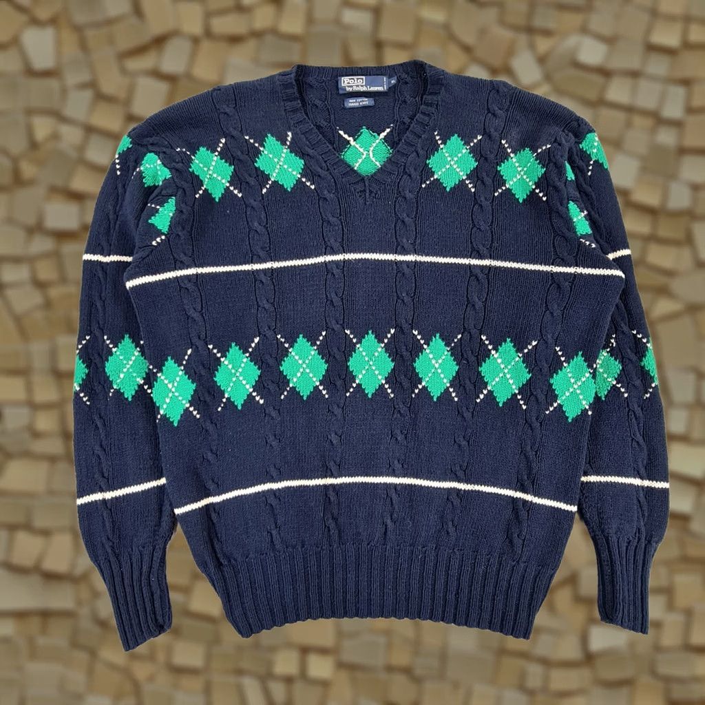 Polo Ralph Lauren VINTAGE Polo Ralph Lauren Jumper Mens XL Navy Blue Cable-Knit Argyle Diamond Hand Knit V-Neck Pullover Cotton Socks? Size US XL / EU 56 / 4 - 1 Thumbnail