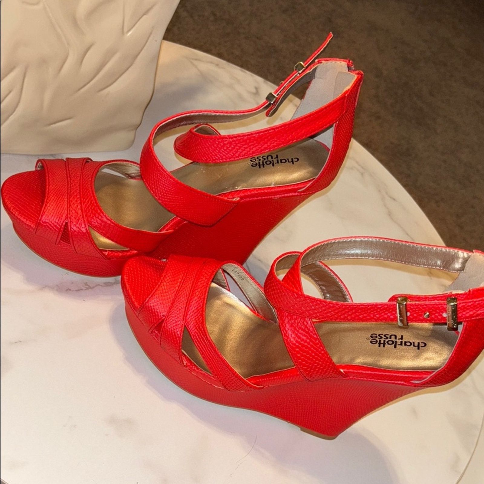 The Unbranded Brand Charlotte Russe Vibrant Red Wedge Sandals Size 10 Size US 10 / IT 40 - 2 Thumbnail