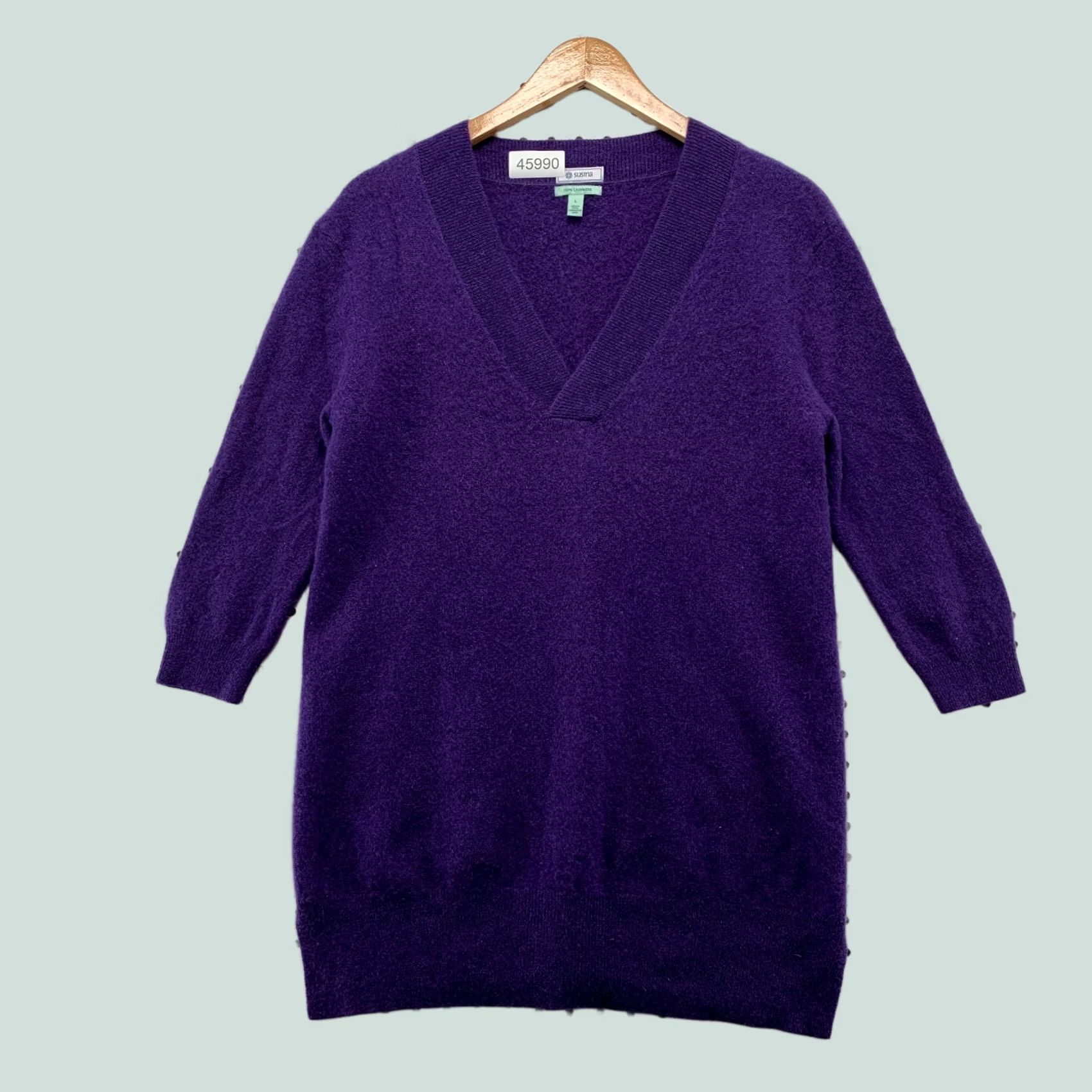Vintage Susina 100% Cashmere Sweater Womens Large Purple V Neck 3/4 Sleeve Pullover Knit Winter Vintage Mens Womens Girls Boys Size L / US 10 / IT 46 - 1 Thumbnail