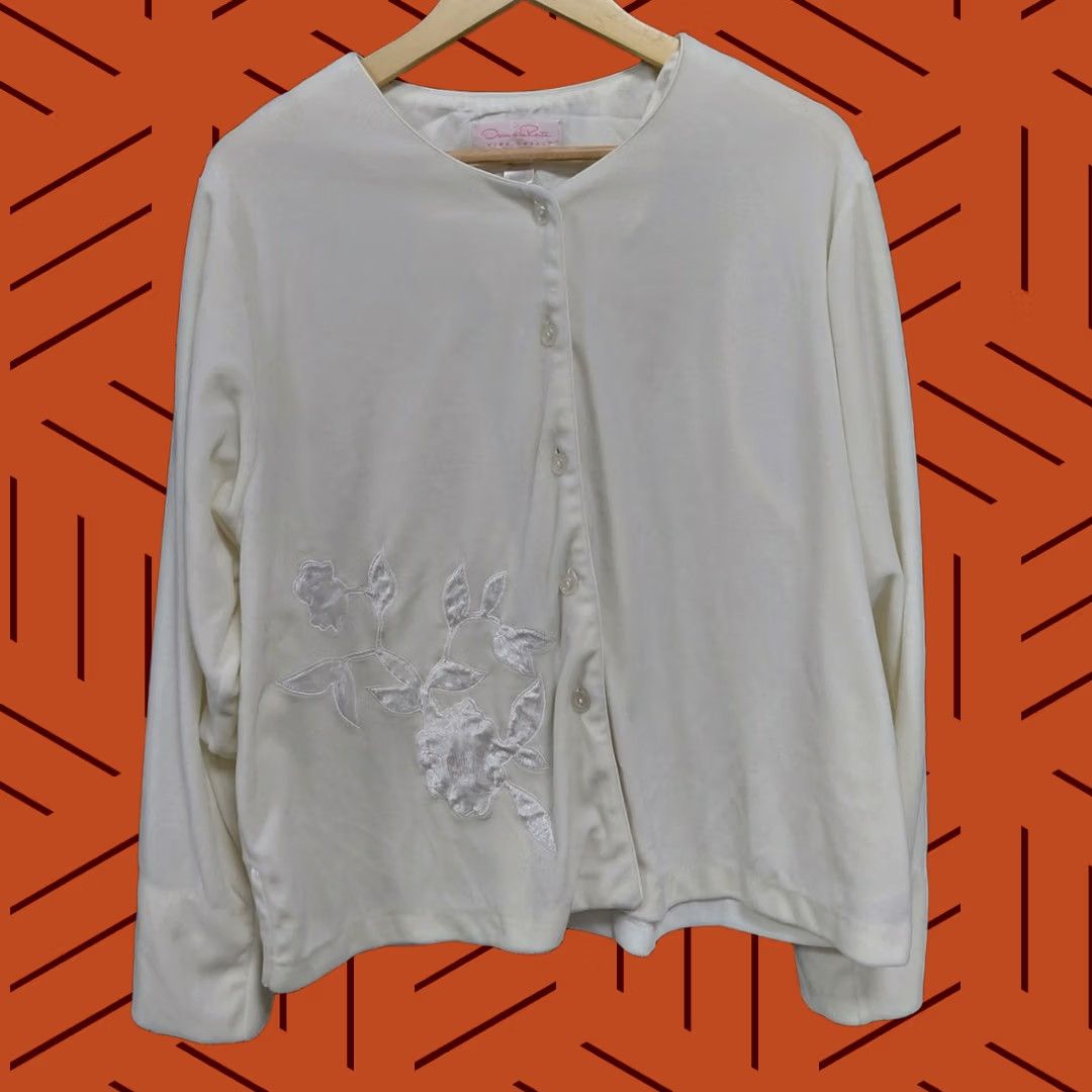 Vintage Oscar de la Renta Pink Label Cardigan White Knit Embroidered Women Size 3XS Regular Long Sleeve Crew Neck Vintage: No Size XXS / US 00 / IT 34 - 1 Thumbnail
