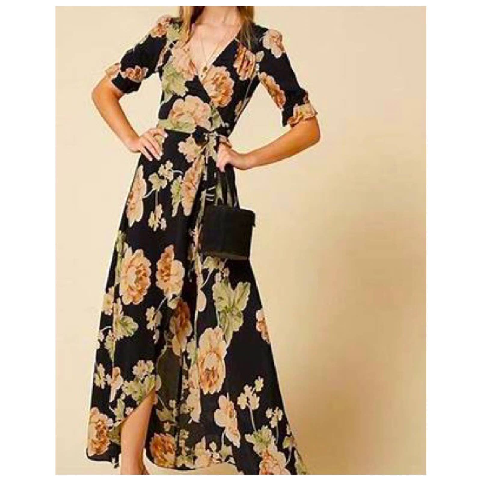 image of Reformation Addilyn Dress Wrap Maxi Dress Chateaux Floral in Black, Women's (Size XS)