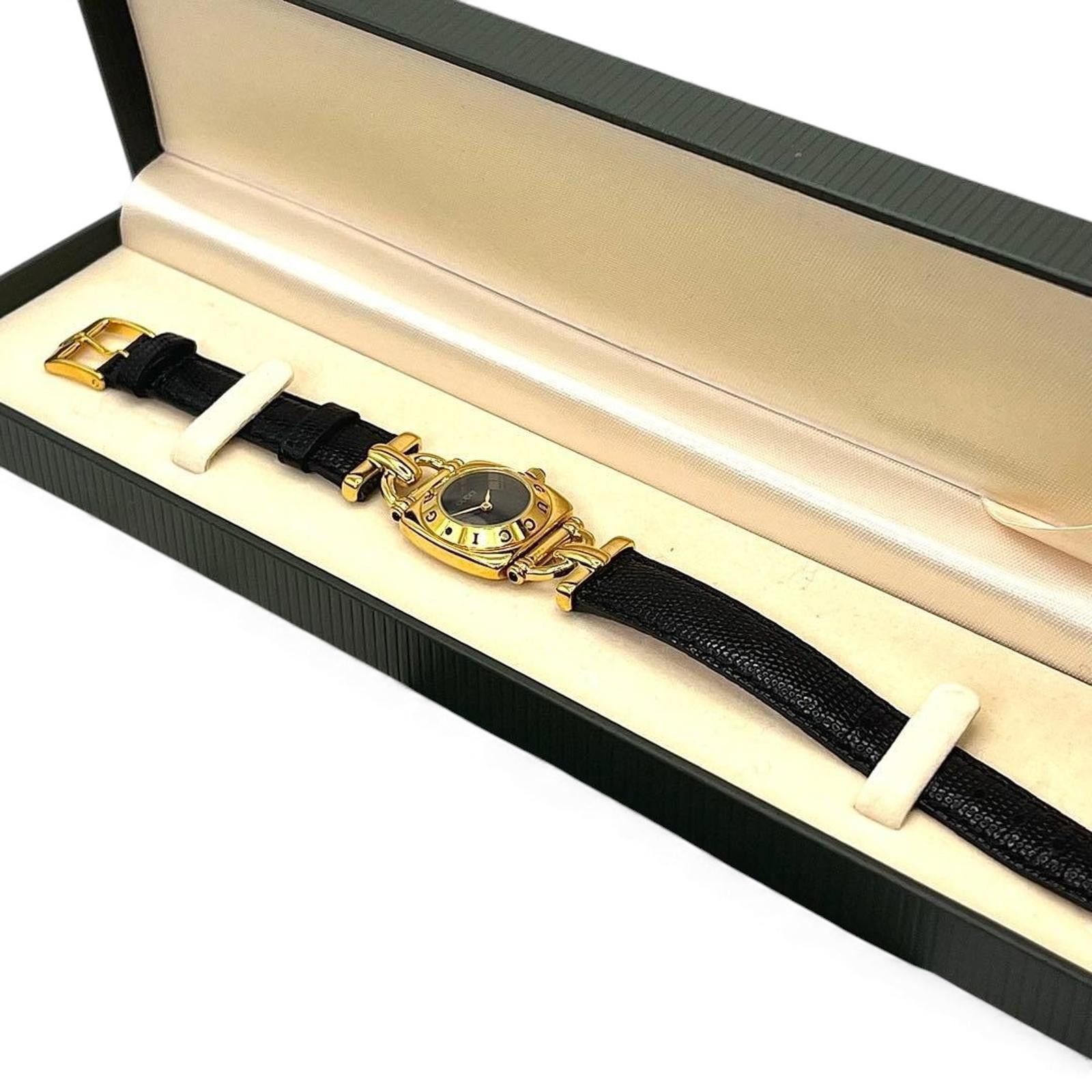 Gucci Gucci - Women's Gold Tone and Black Leather Wristwatch Size ONE SIZE - 3 Thumbnail
