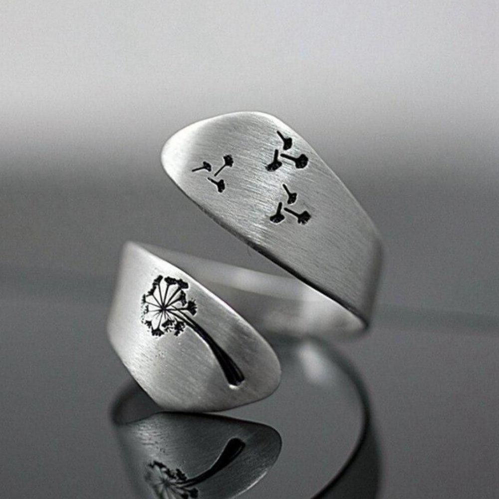 Designer Silver Carved Engraving Dandelion Open Ring Size ONE SIZE - 9 Thumbnail