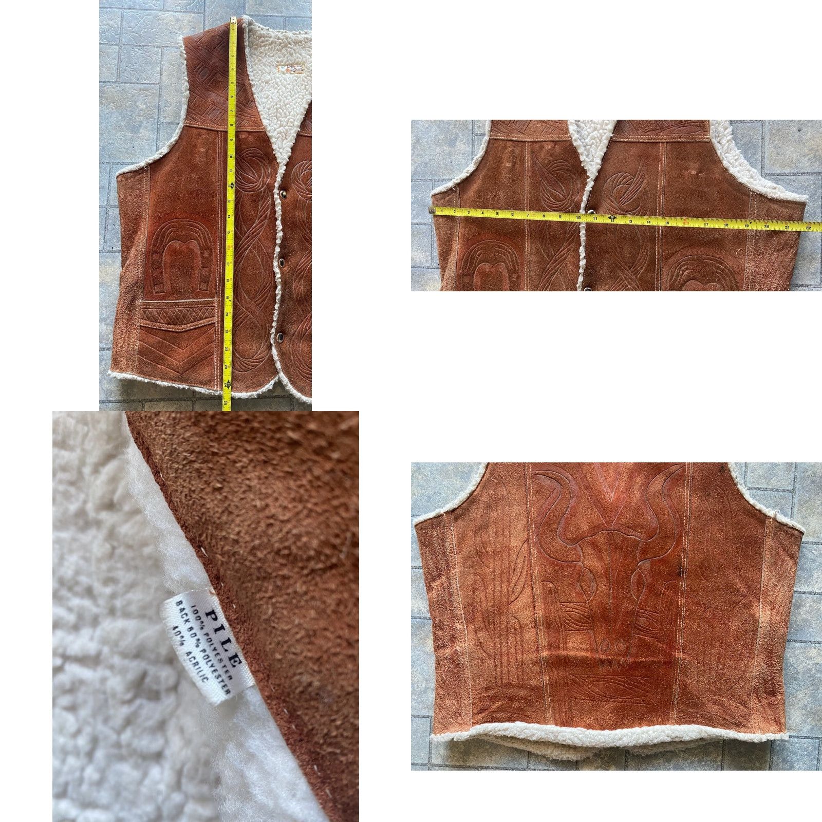 Vintage Hecho En Mexico Pile Genuine Leather Tooled Vest 44 Brown Horseshoe Cactus Bull Mens Vest Brown Size US S / EU 44-46 / 1 - 8 Thumbnail