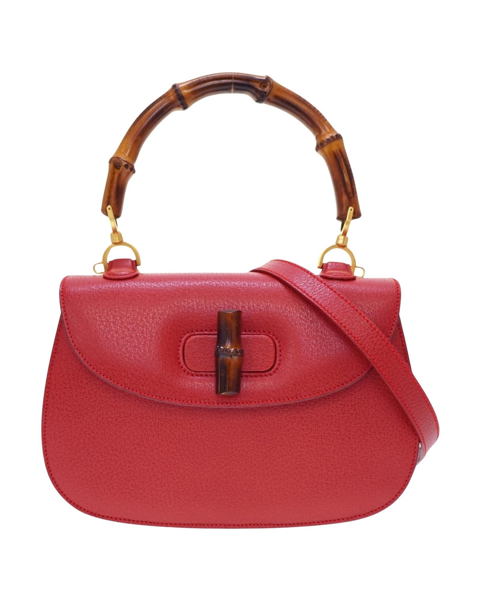 image of Gucci Sophisticated Red Leather Handbag With Bamboo Handle By Italian Luxury Brand, Women's