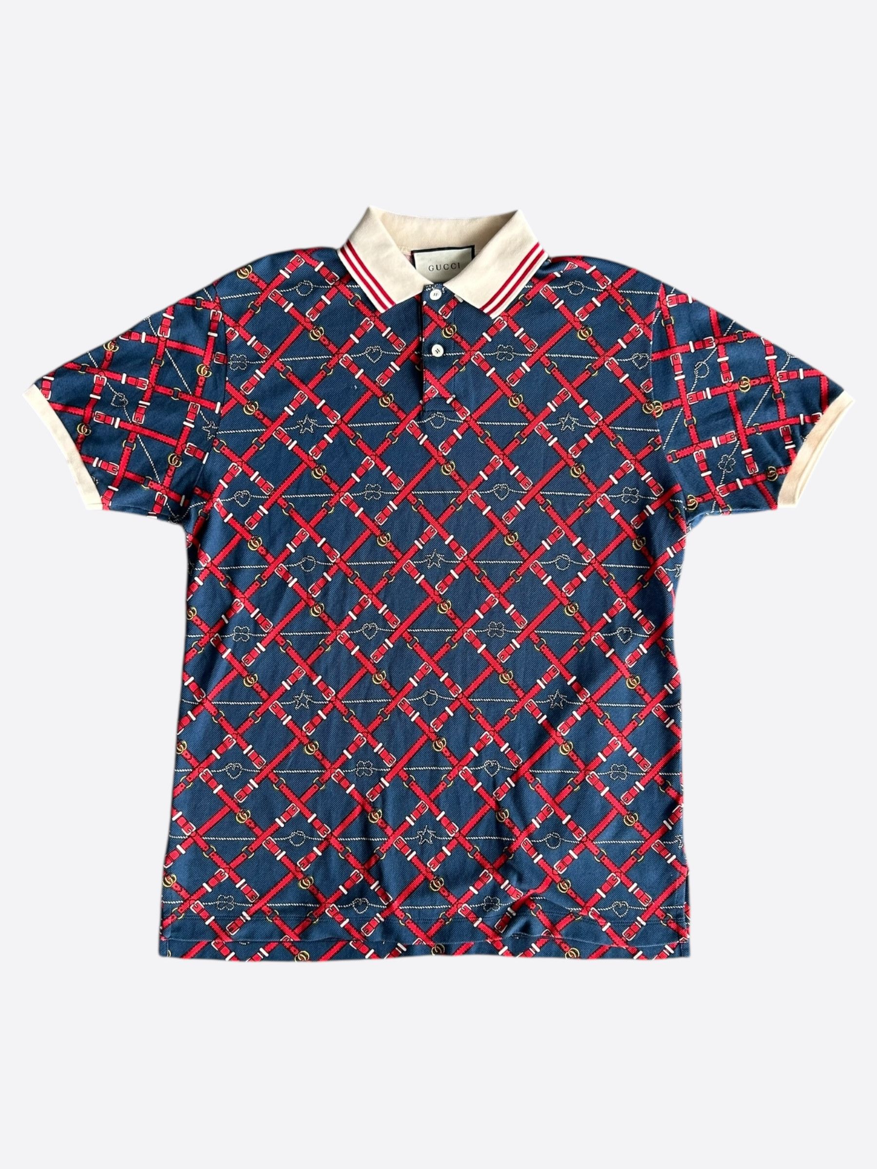Gucci Gucci Navy & Red Belt Print Polo T-Shirt Size US M / EU 48-50 / 2 - 1 Thumbnail