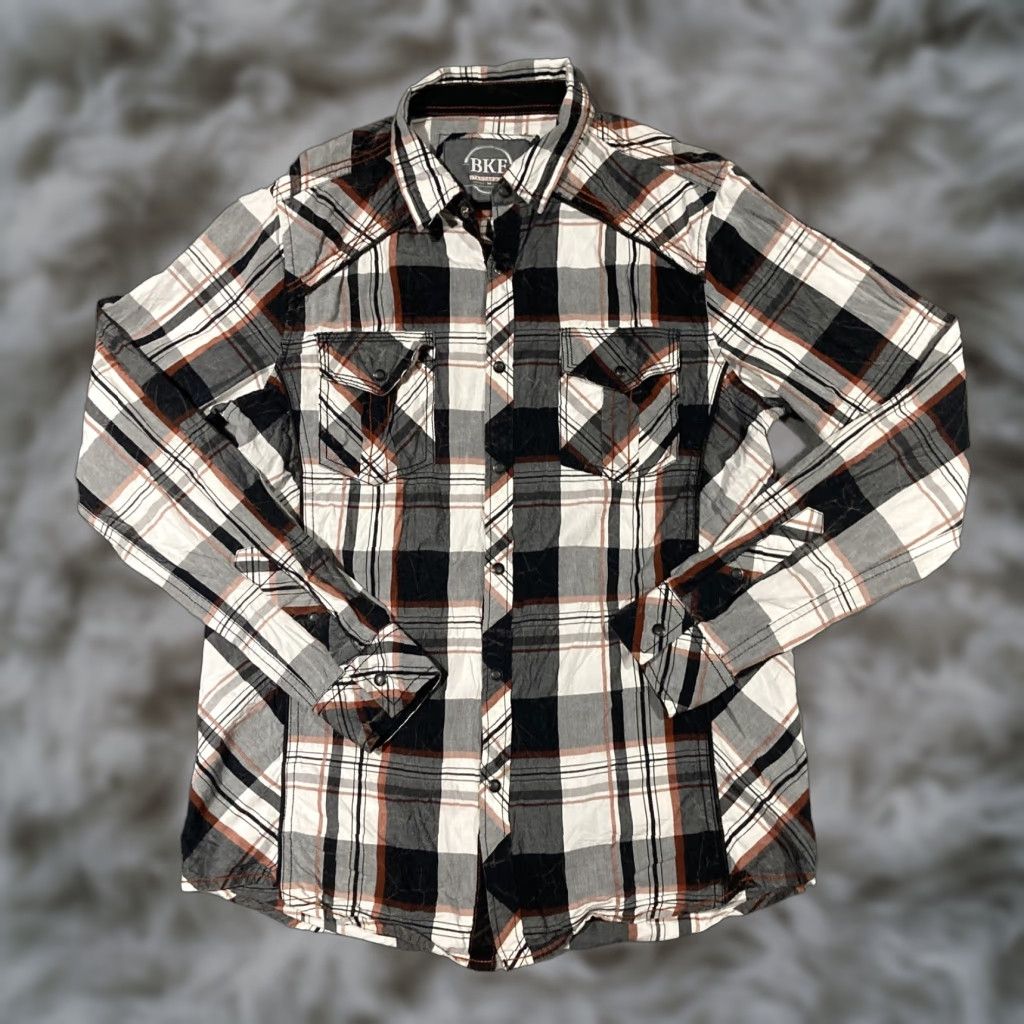 Vintage Buckle BKE Shirt Men M Pearl Snap Western Gray White Orange Plaid Standard Fit Shirt Size US M / EU 48-50 / 2 - 1 Thumbnail