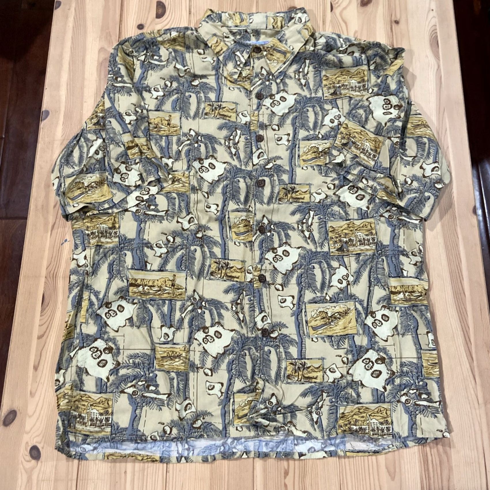 Reyn Spooner REYN SPOONER Beige Hawaiian Islands Canoe Palm Trees 100% SPUN RAYON Medium Button-Up Shirt Mens Hawaiian 90s Vintage Size US M / EU 48-50 / 2 - 3 Thumbnail