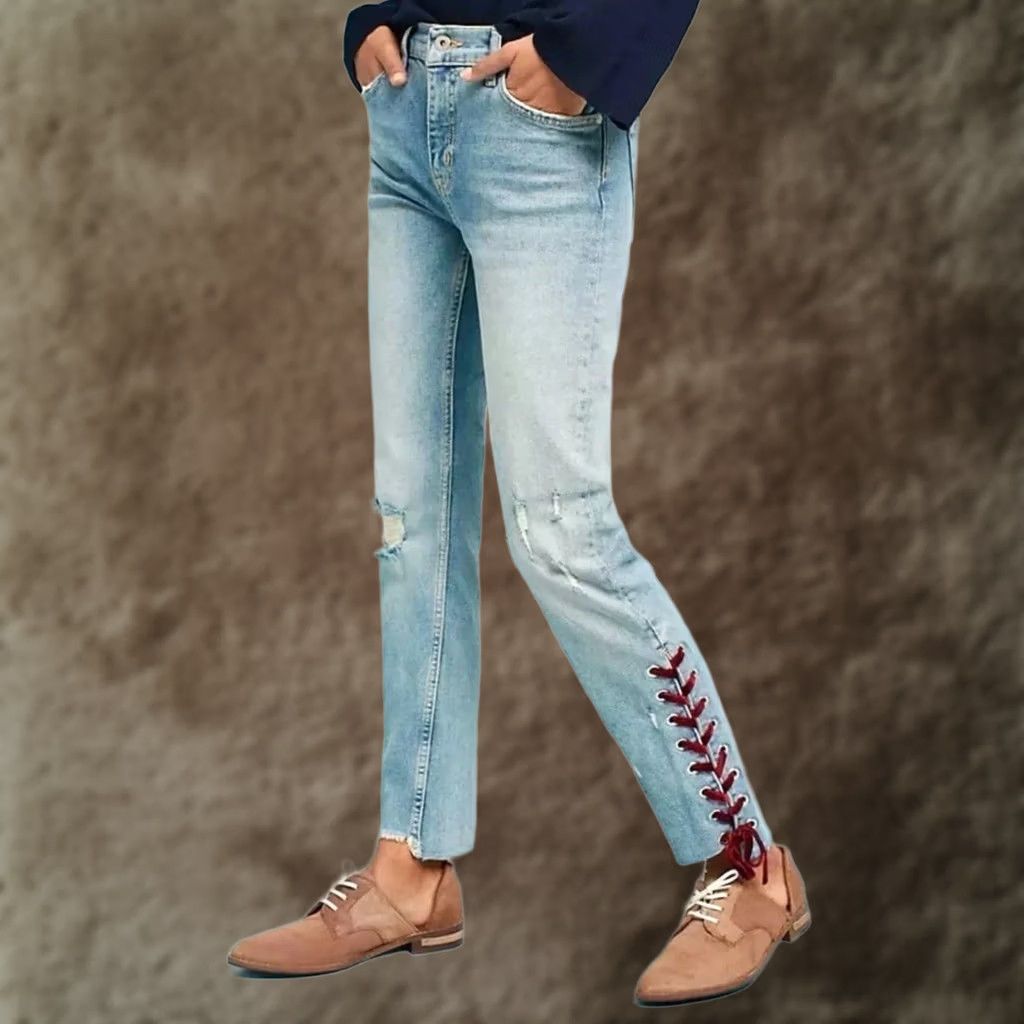 Anthropologie Anthropologie Pilcro Velvet Lace Tie Mid Rise Slim Straight Jeans Blue Size 25 Women Size 42" / US 20 - 1 Thumbnail
