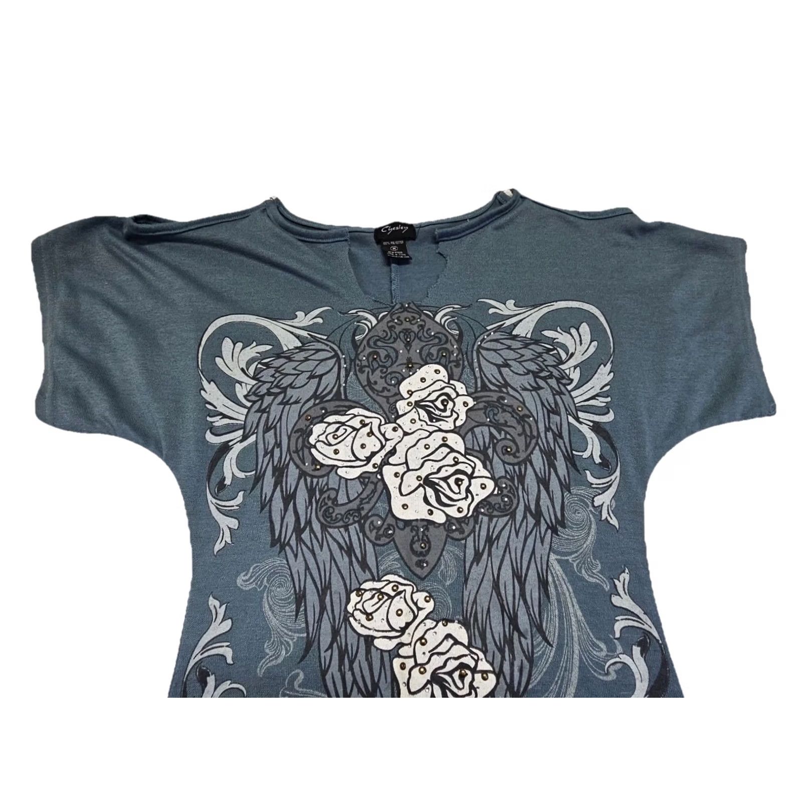 Vintage VINTAGE Y2K Blue Graphic T Shirt Dress Angel Wings Roses Grunge Gothic Women’s Medium Size M / US 6-8 / IT 42-44 - 4 Thumbnail