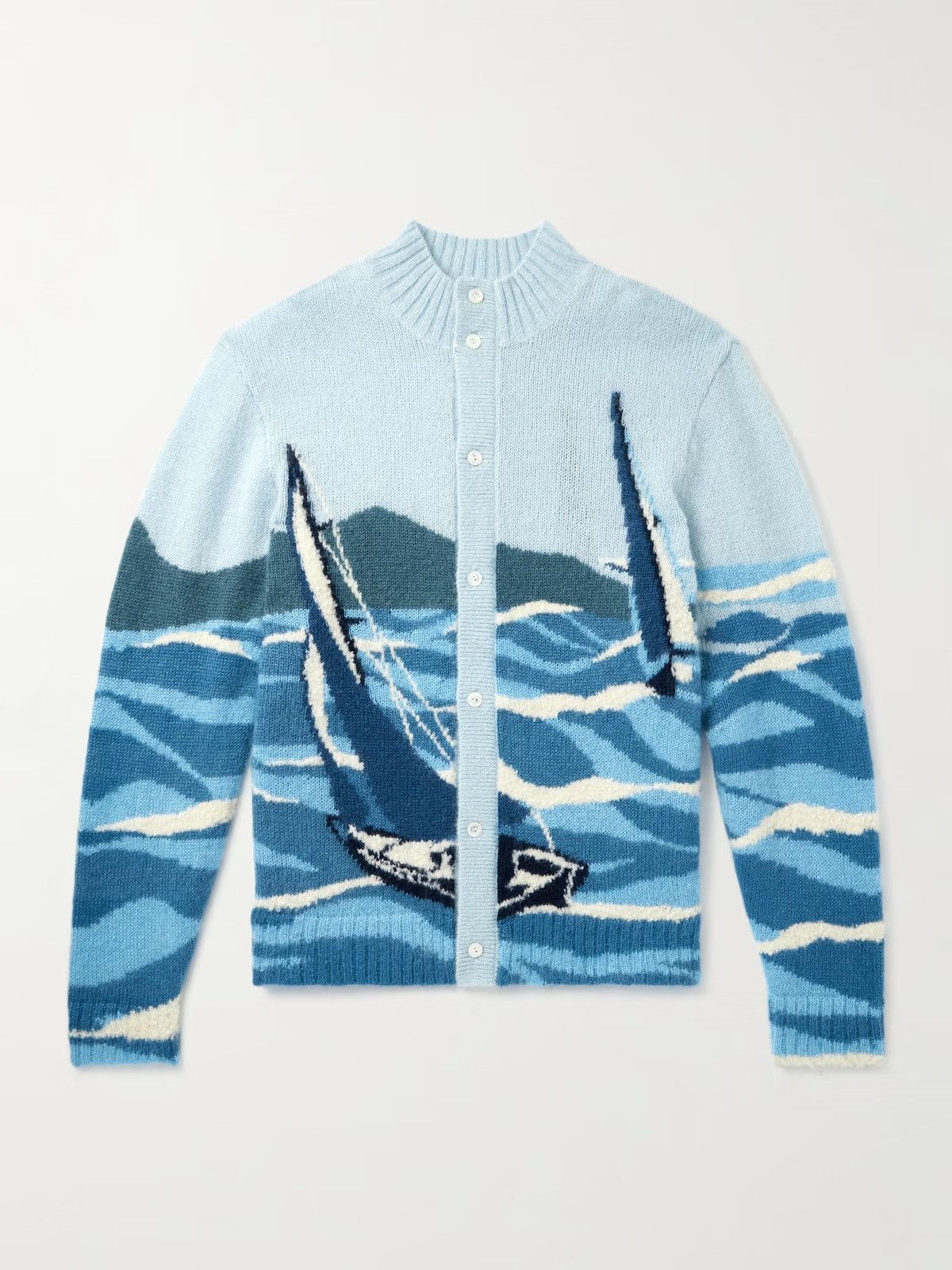 Aime Leon Dore Aime Leon Dore Blue Seascape Intarsia Mohair-Blend Cardigan Size US XL / EU 56 / 4 - 1 Thumbnail