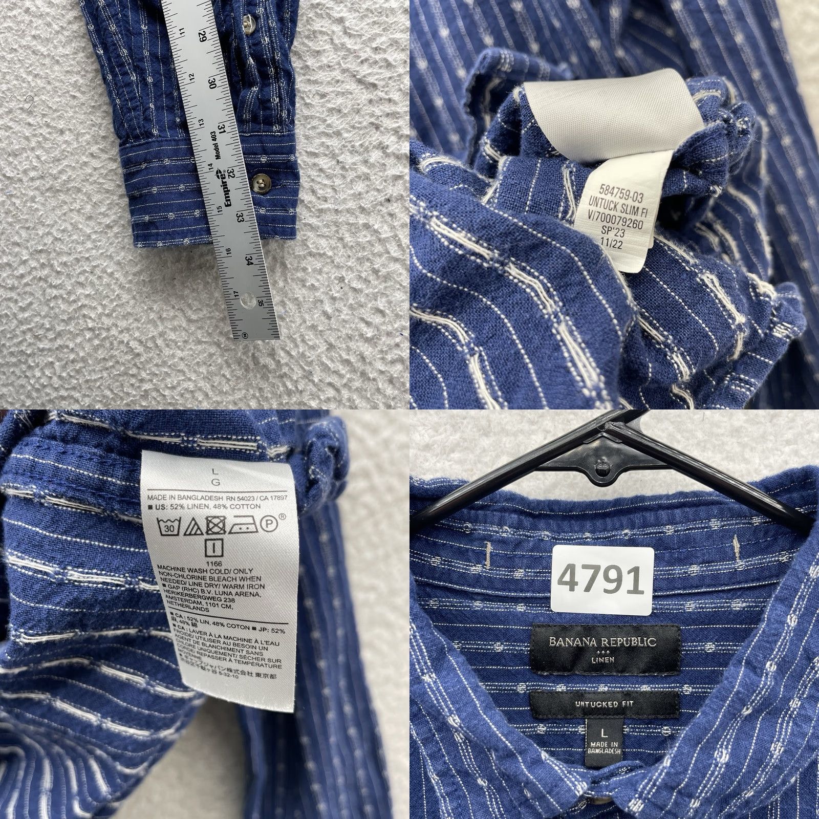 Banana Republic Banana Republic Shirt Mens Large Blue Linen Blend Button-Up Collared Geometric Striped Classic Casual Size US L / EU 52-54 / 3 - 8 Thumbnail
