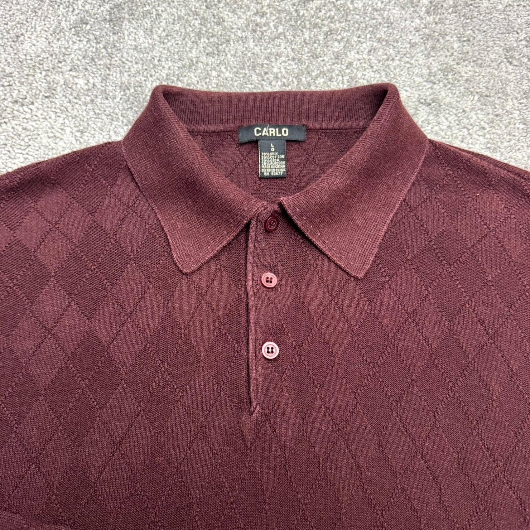 Vintage Carlo Argyle Polo Sweater Mens Large Burgundy Cotton Silk Knit Long Sleeve Buttoned Pullover Shirt Size US L / EU 52-54 / 3 - 4 Thumbnail
