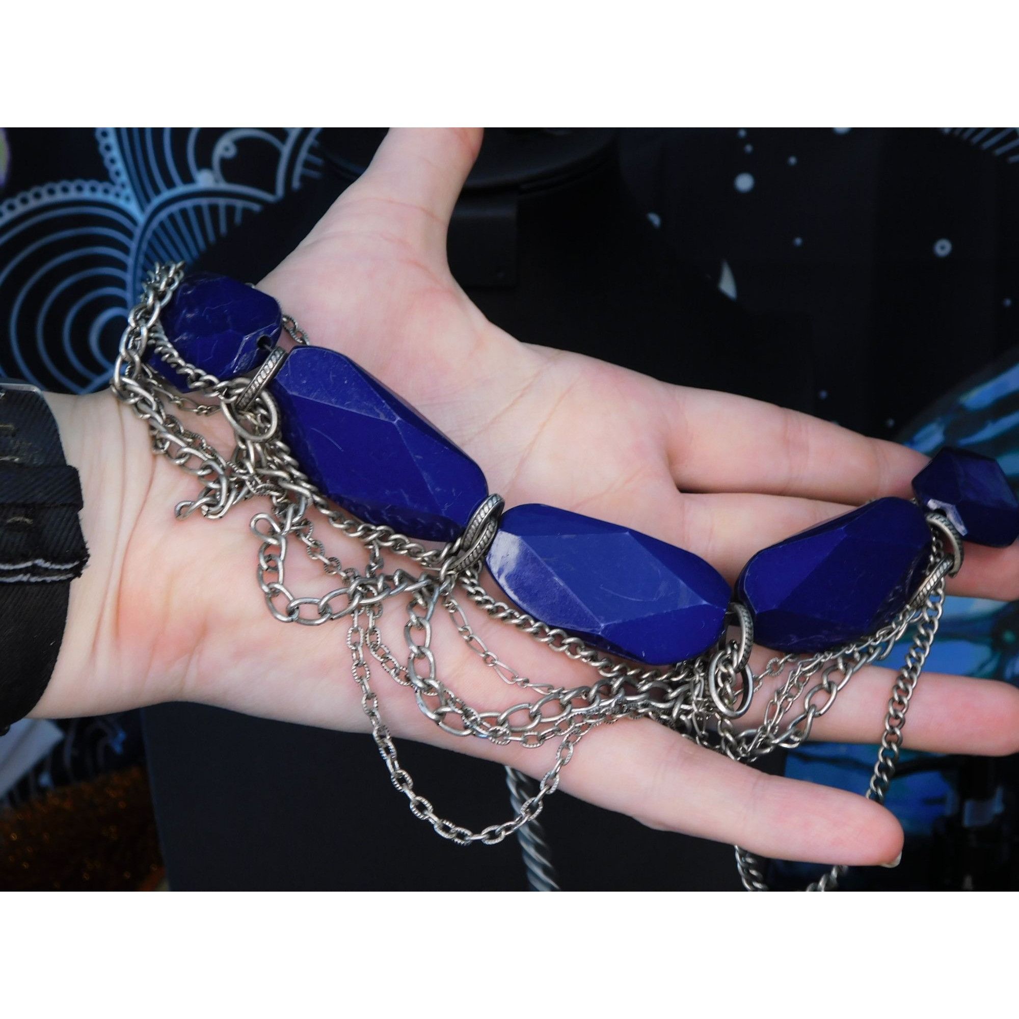 Other Chunky Blue Abstract Necklace With Silver Tone Chains Size ONE SIZE - 2 Thumbnail