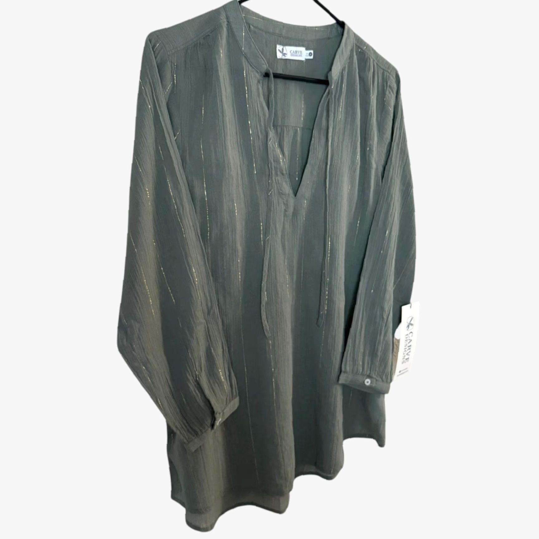 Vintage Carve Designs Tunic Women Medium Green Organic Cotton Metallic Stripe Beach Bohemian Lightweight V-Neck Long Sleeve Casual Travel Size M / US 6-8 / IT 42-44 - 3 Thumbnail