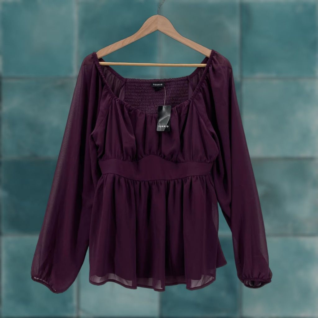 Torrid Torrid Blouse Womens L Purple Fairy Gothic NWT Peplum Chiffon Long Sleeve Tunic History: 00 (M/L) Size L / US 10 / IT 46 - 1 Thumbnail