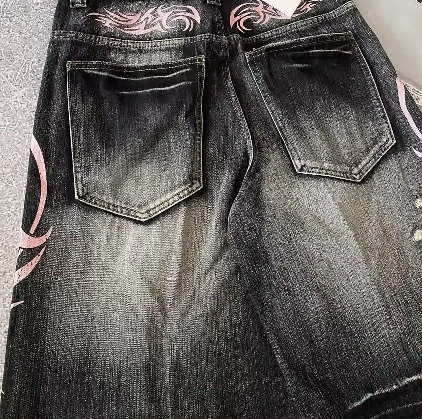 Jean Washed Denim Dragon Print Drip Drill Shorts Jorts Size US 31 - 2 Thumbnail
