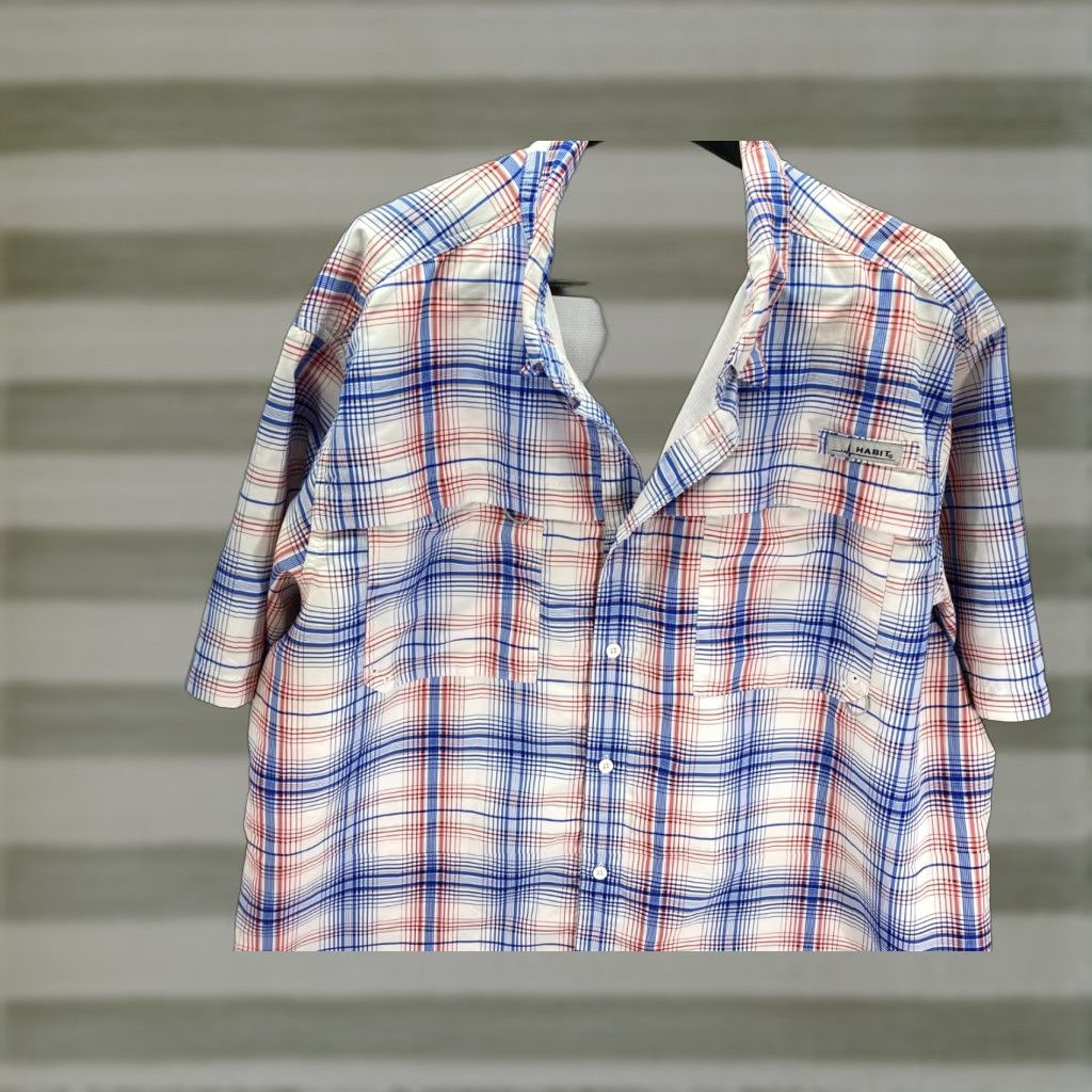 Habitat Habit Button Up Shirt Mens 3XL Blue Red Plaid Lined Hiking Fishing Solar Factor Short Sleeve Pockets Casual Travel UV Protection Outdoor Size US XXL / EU 58 / 5 - 1 Thumbnail