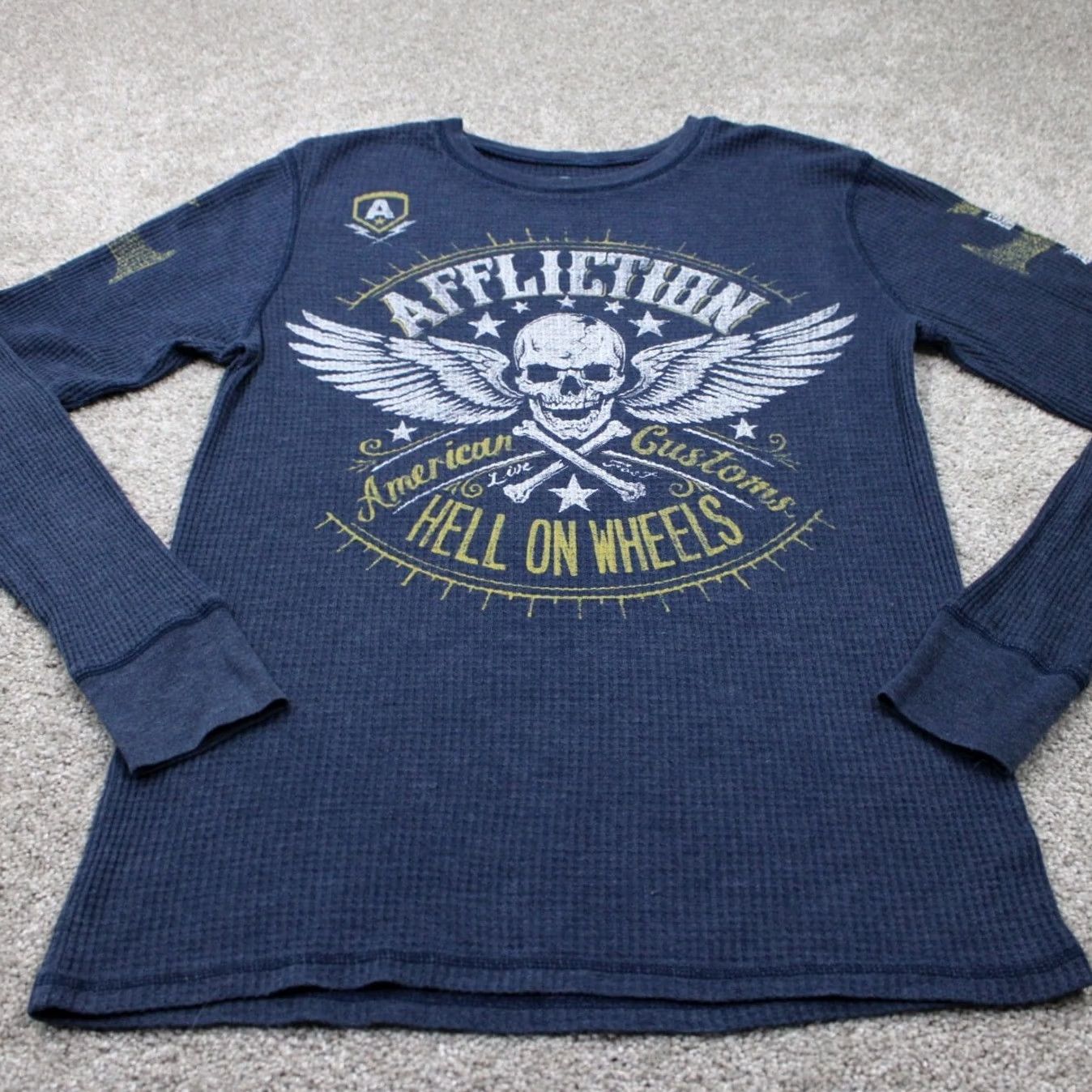 Vintage American Fighter Shirt Adult Large Blue L/S Pullover Waffle Knit Mock Neck Size US L / EU 52-54 / 3 - 2 Thumbnail
