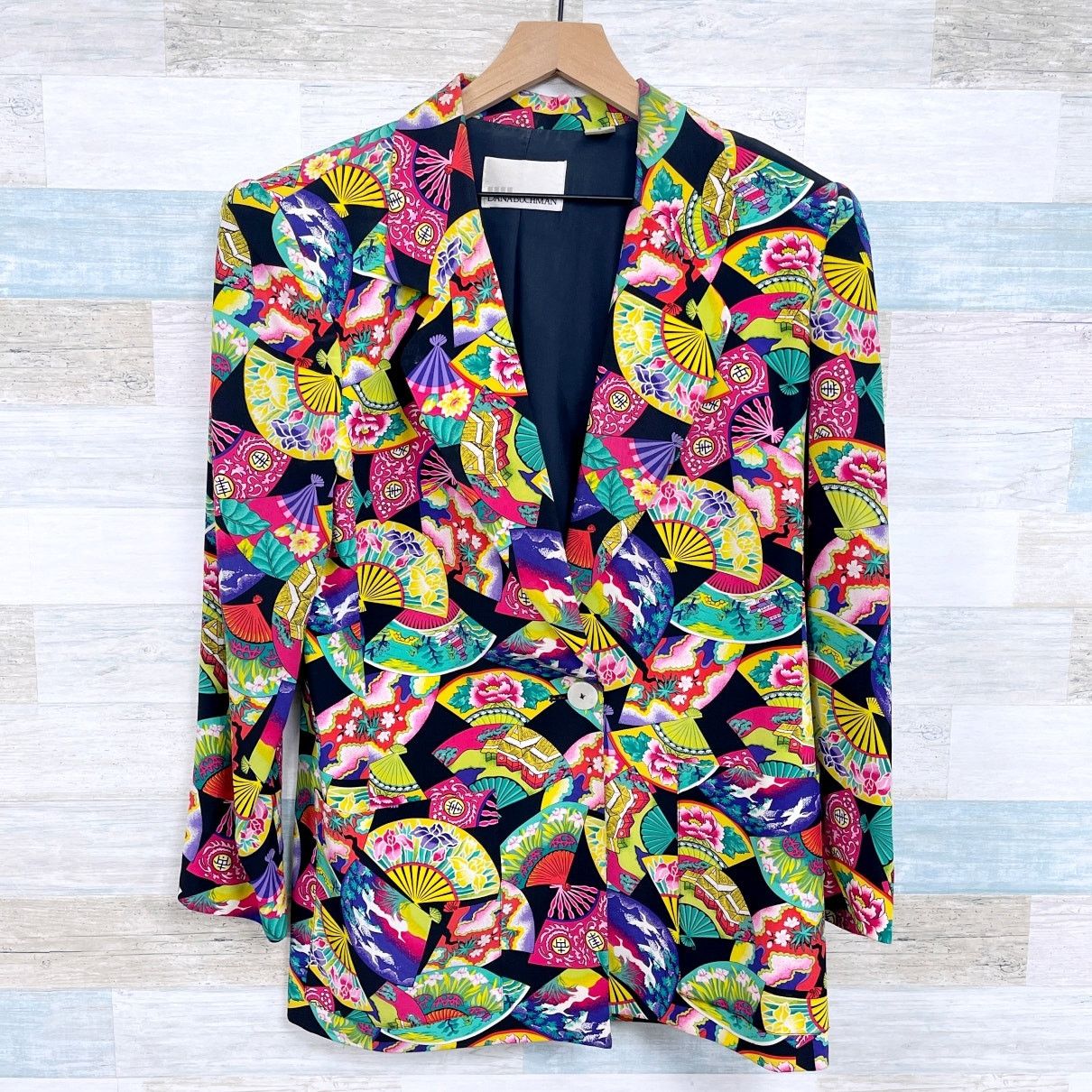 image of Vintage Dana Buchman Silk Chinese Asian Floral Fan Pagoda Blazer 8 in Black, Women's (Size Medium)