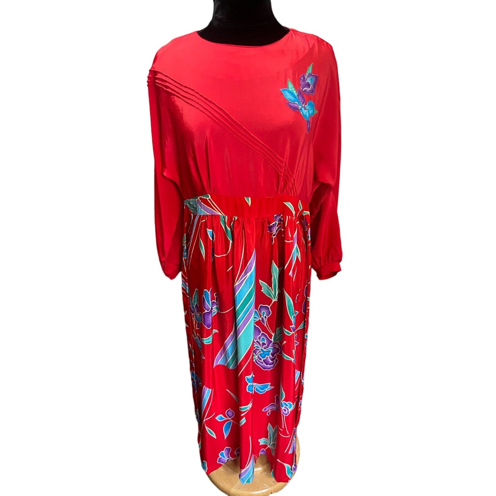 Vintage 1970s Red Blue Floral Maxi Dress Medium Large Boho Hippie Size L / US 10 / IT 46 - 2 Thumbnail
