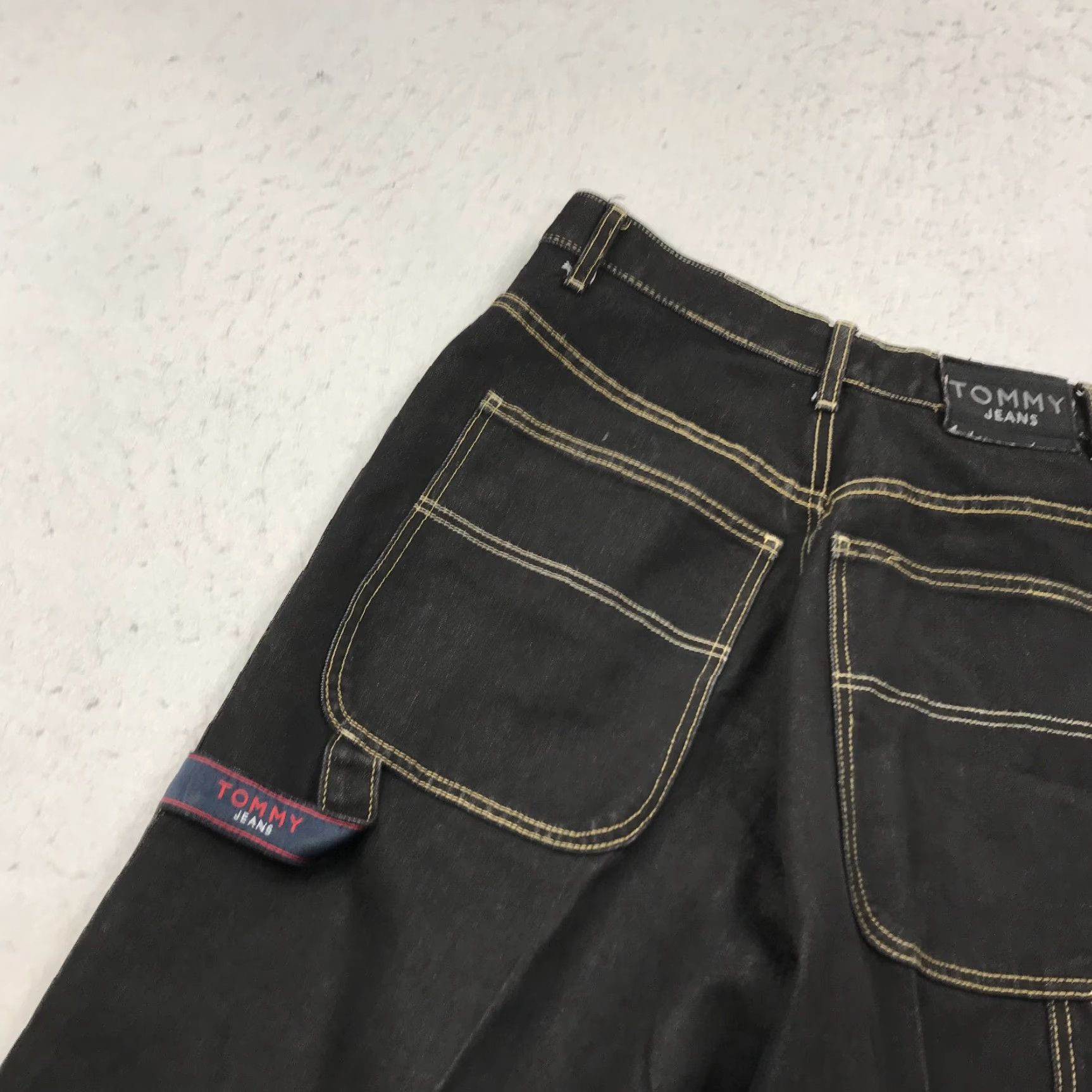 VINTAGE Tommy Hilfiger Jeans Mens 34x32 Black Baggy Carpenter Hip Hop Denim 90s
