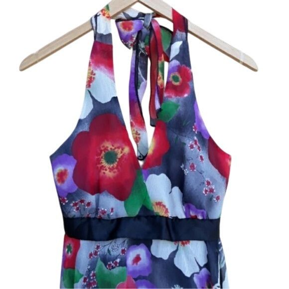 Vtg 90s Poppy Floral Empire Halter Swing Dress Sz L Colorful
