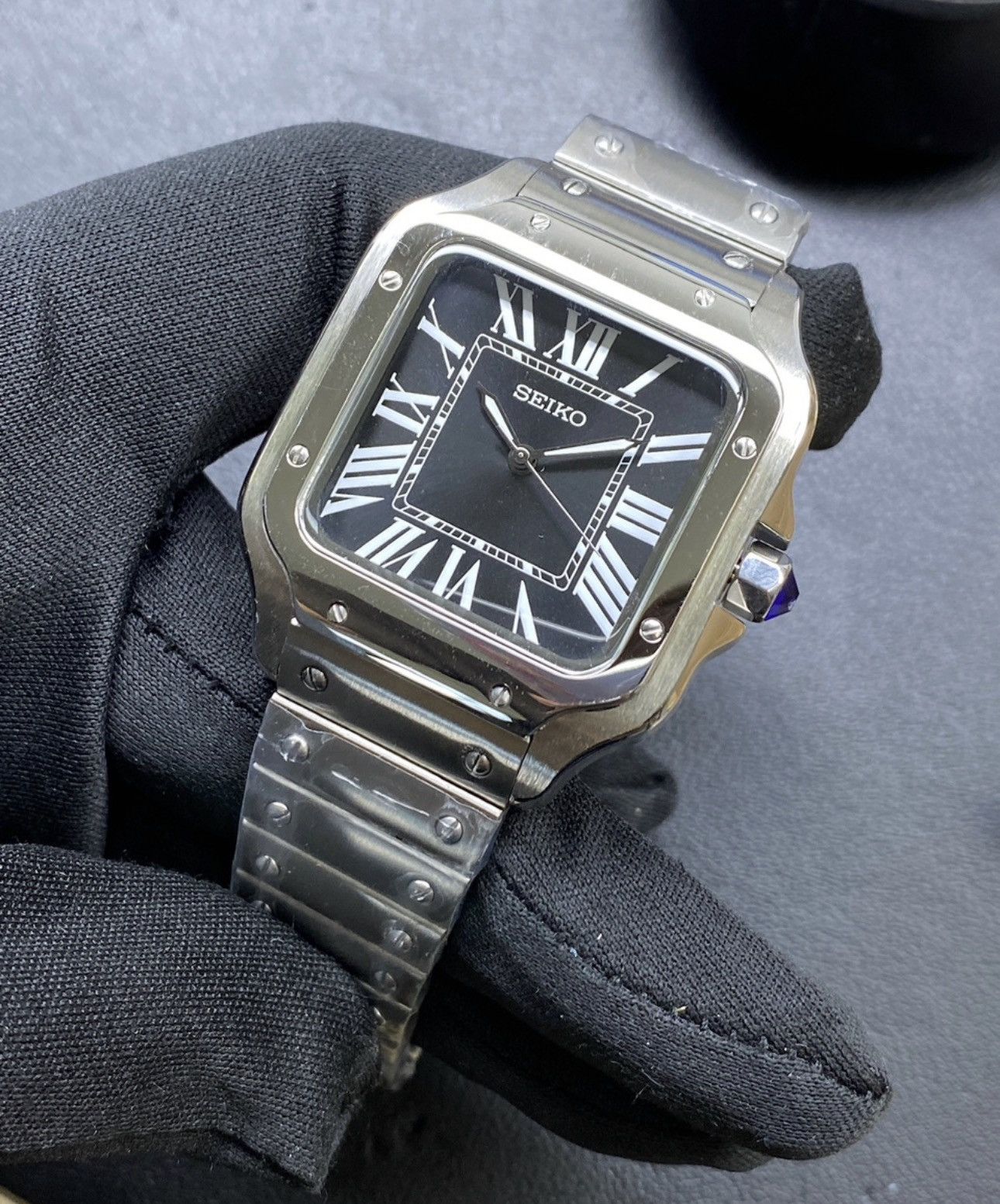 Japanese Brand Seiko Mod Santos Black Roman Dial Steel Watch NH35 41mm Size ONE SIZE - 1 Thumbnail