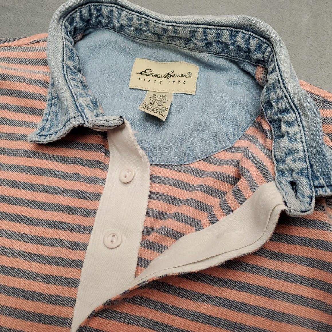 Eddie Bauer VTG Eddie Bauer Shirt Mens XL Pink Striped Rugby Rubber Button Denim Collar Polo Size US XL / EU 56 / 4 - 5 Thumbnail