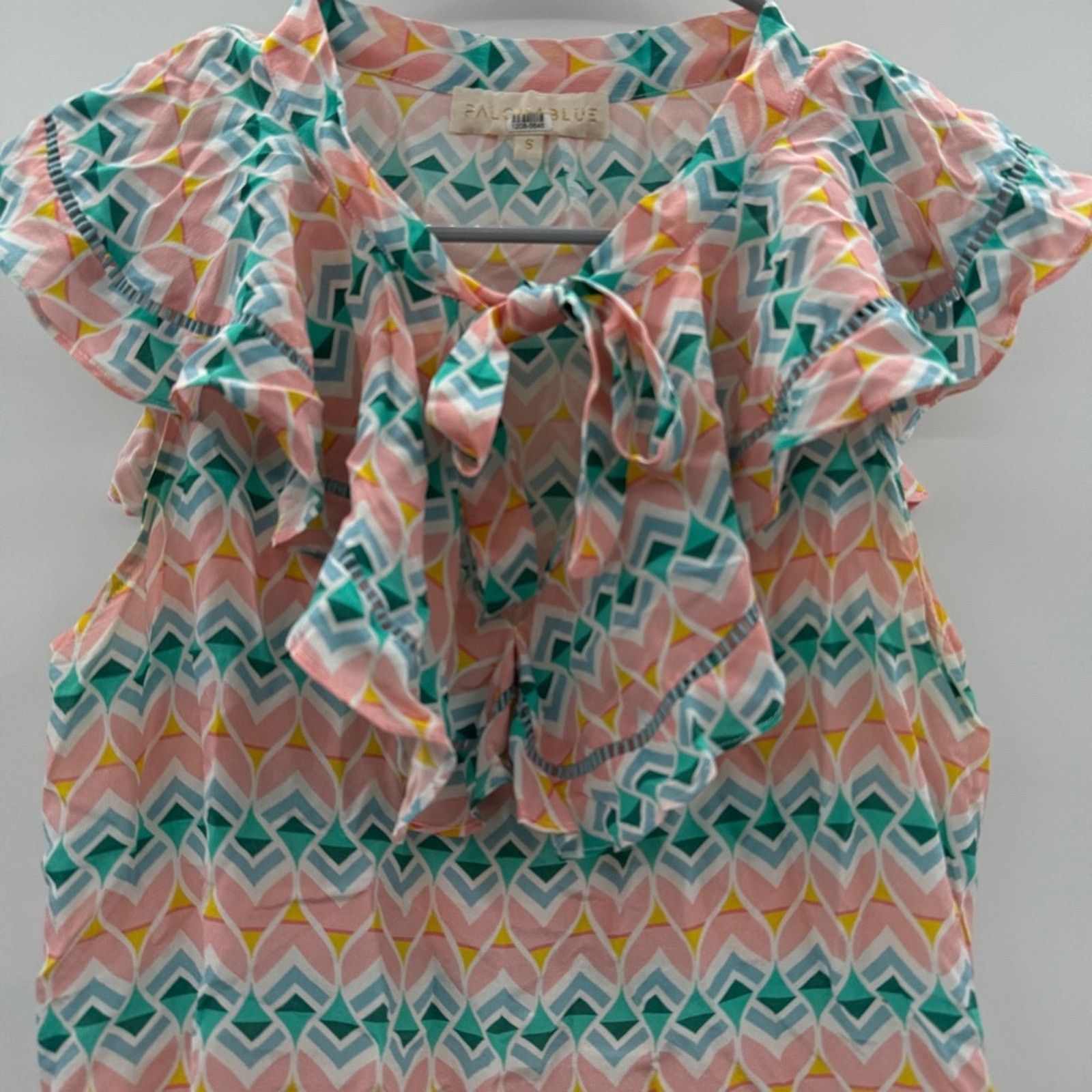 Paloma Blue 100% Silk Pink & Blue Sophia Ruffle Tie Top Sz S