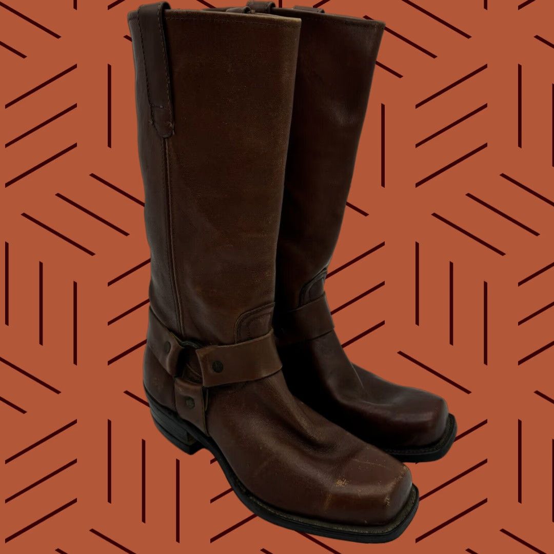 Vintage 60S 70's Harness Cowboy Boots Square Toe Engineer Stacked Heel Shoes MenS 7.5 Brown Leather