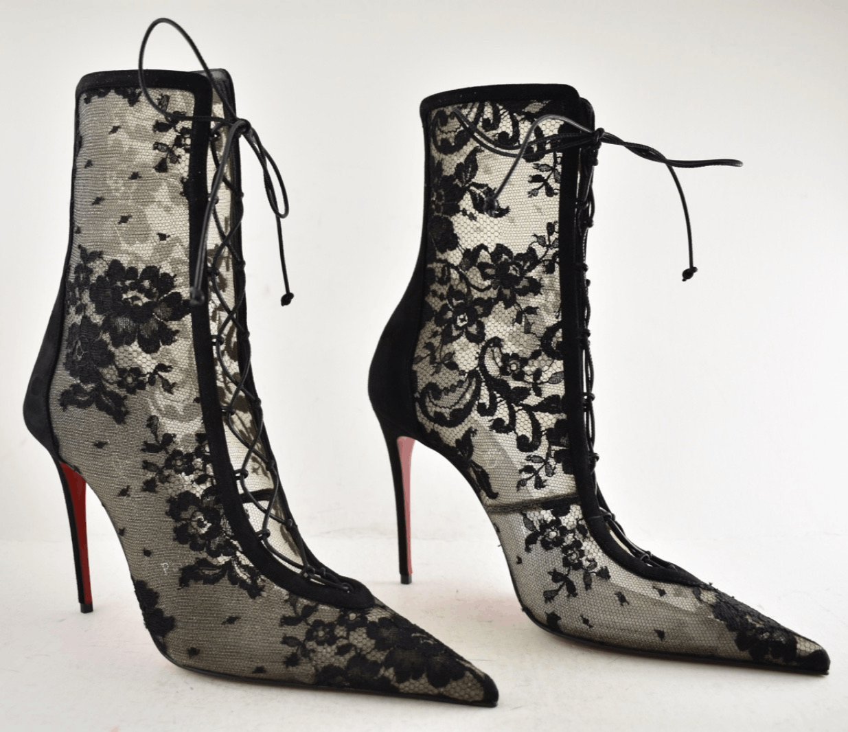 Christian Louboutin KM Lace Booty 100 Black Mesh Lace Up Ankle Heel Bootie 40 Size US 10 / IT 40 - 6 Thumbnail