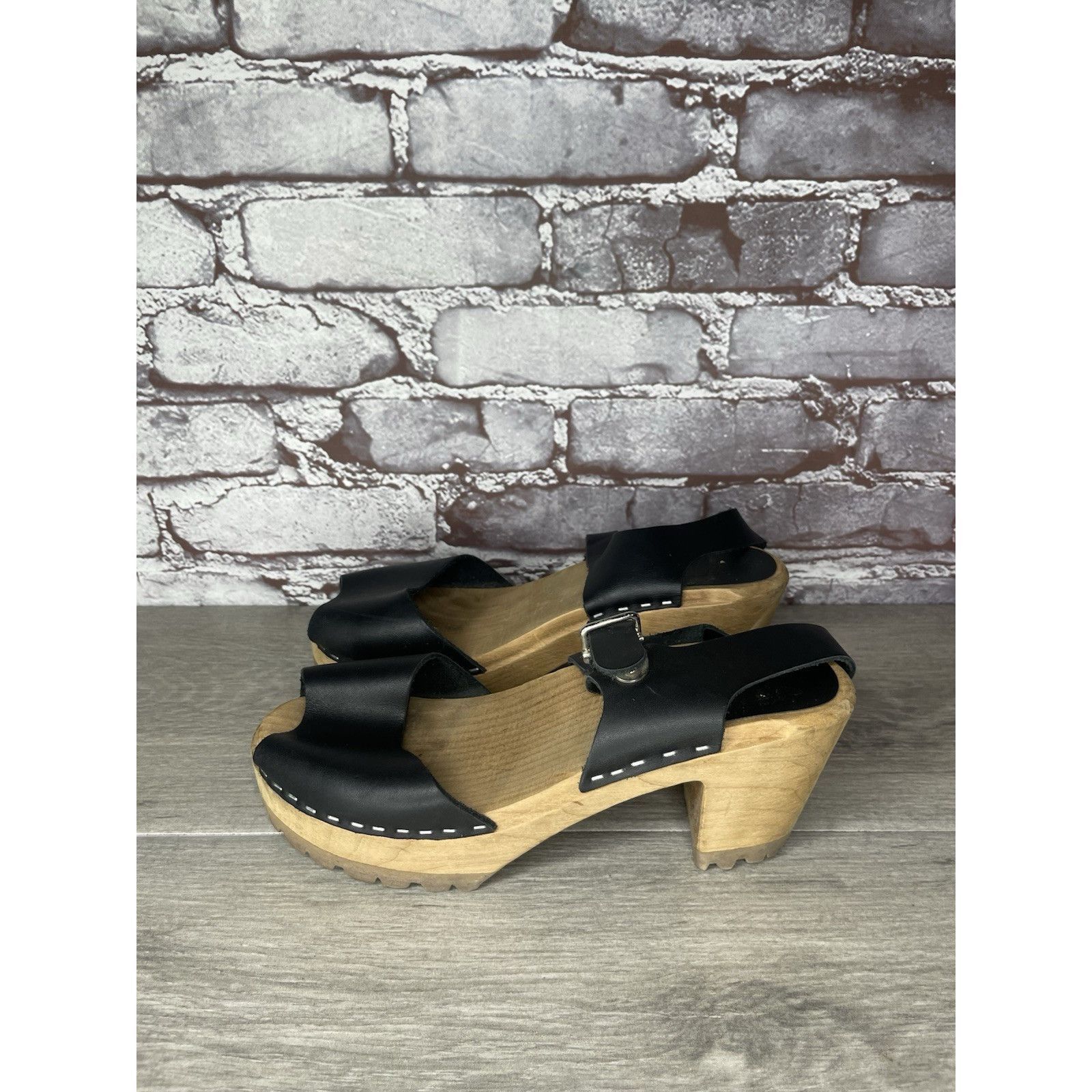 Swedish Hasbeens Swedish Hasbeens Black Leather Wooden Heel Peep Toe Ankle St Size US 7.5 / IT 37.5 - 24 Thumbnail