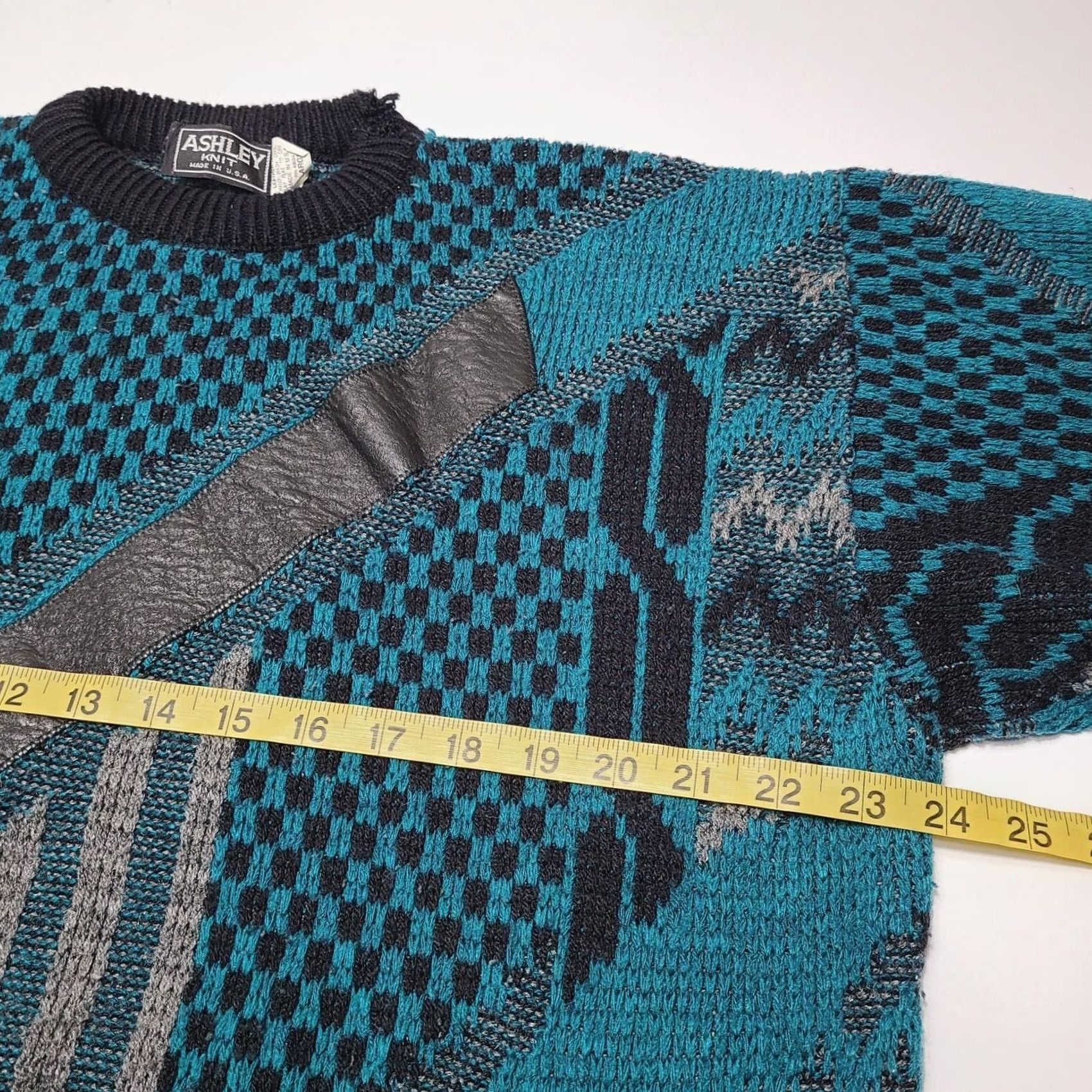 Vintage VINTAGE Ashley Knit Sweater Mens Large Leather Trim Geometric Made USA 90's Size US L / EU 52-54 / 3 - 3 Thumbnail