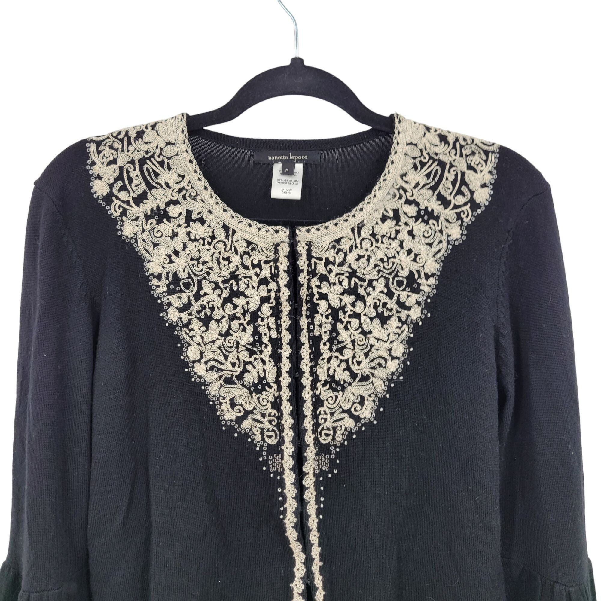 Nanette Lepore Vtg Merino Wool Sweater Cardigan M Black Embroidered Bell Sl Size M / US 6-8 / IT 42-44 - 10 Thumbnail
