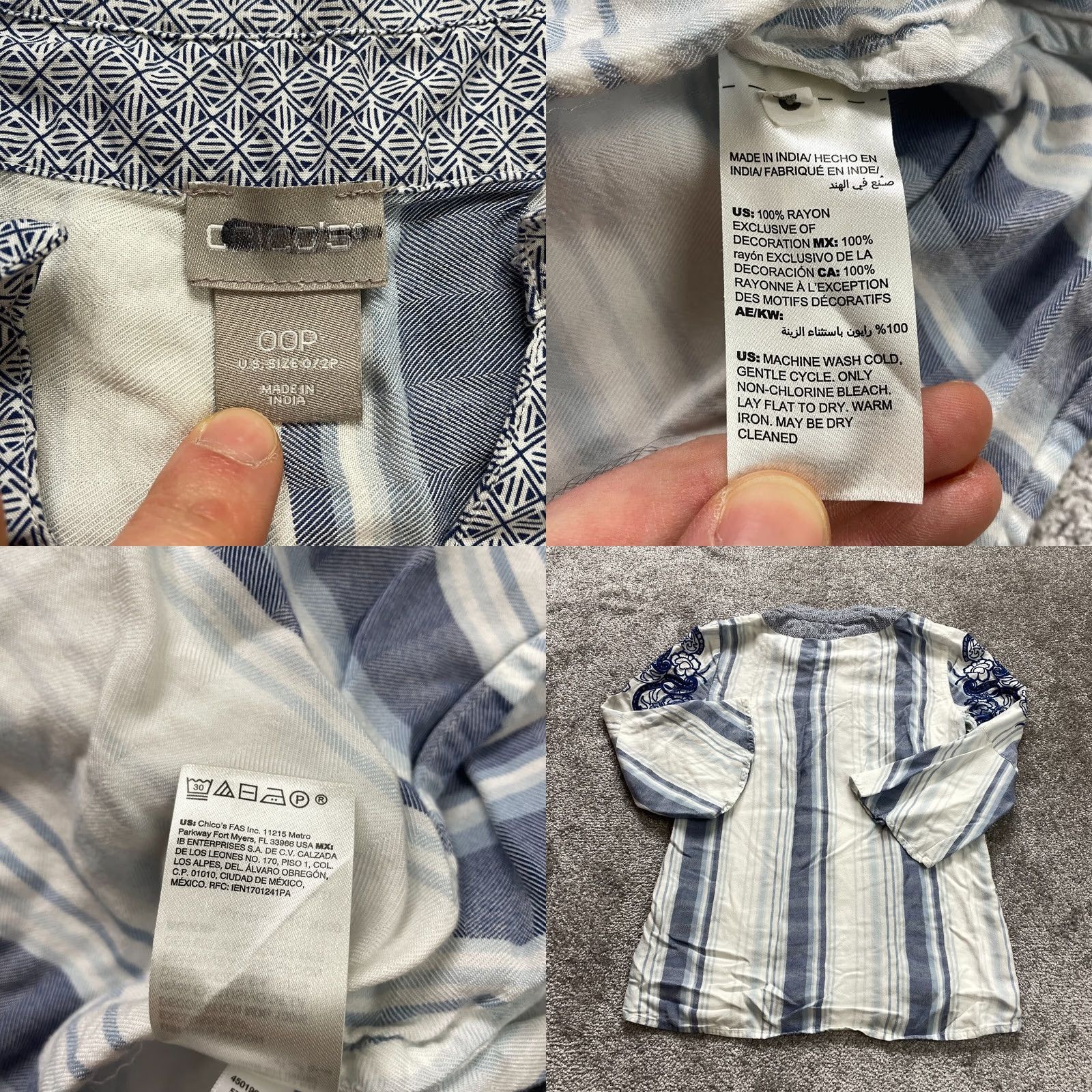 Vintage Chico's Blouse Shirt Womens 2P XS White Blue Striped Embroidered Knit Rayon V-Neck 3/4 Sleeve Patchwork? Size XS / US 0-2 / IT 36-38 - 8 Thumbnail