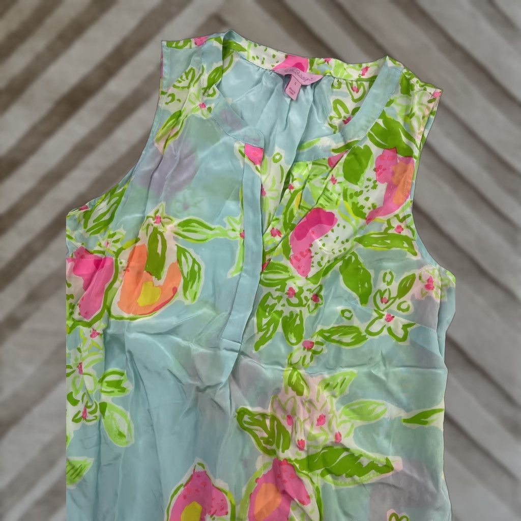 Lilly Pulitzer LILLY PULITZER Stacey Womens Small Pink Lemonade 100% Silk Sleeveless Top V-Neck Short Sleeve Floral Multicolor Stacey Womens S Silk Top Size S / US 4 / IT 40 - 1 Thumbnail