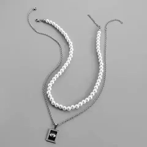 Other Pearl Choker Chain & Square Eye Titanium Necklace Size ONE SIZE - 2 Thumbnail