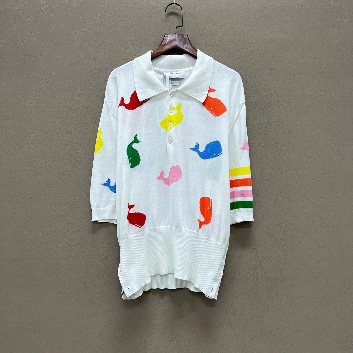 Thom Browne White XXL Whale Print Polo with Colorful Stripes Size US XXL / EU 58 / 5 - 1 Thumbnail