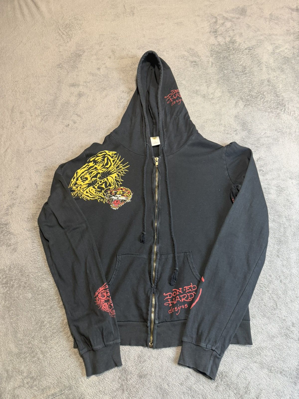 Ed Hardy Vintage Y2K Ed Hardy Fur Embroidered Zip Up Hoodie Red L
