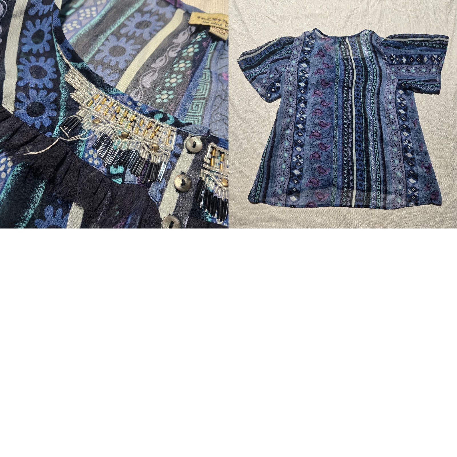 Vintage VINTAGE One World Shirt Women XL Blue Paisley Sheer Short Sleeve Blouse Women's Size XL / US 12-14 / IT 48-50 - 8 Thumbnail
