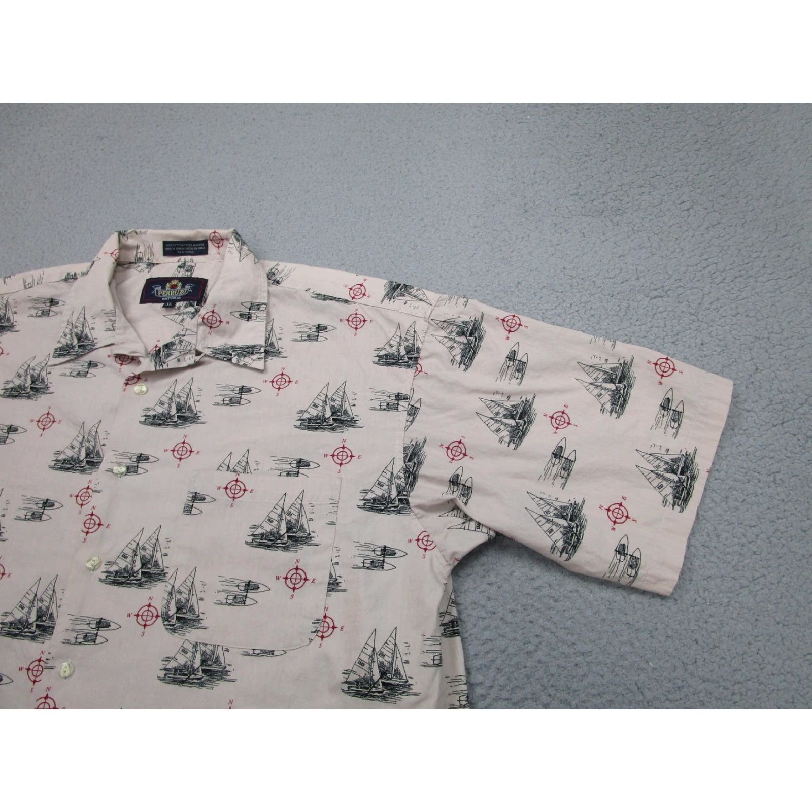 Nautica Perruzo Natural Shirt Mens XL Beige Sailboat Nautical Short Sleeve Outrigger Button-Up Christmas? (no not include) Size US XL / EU 56 / 4 - 2 Thumbnail