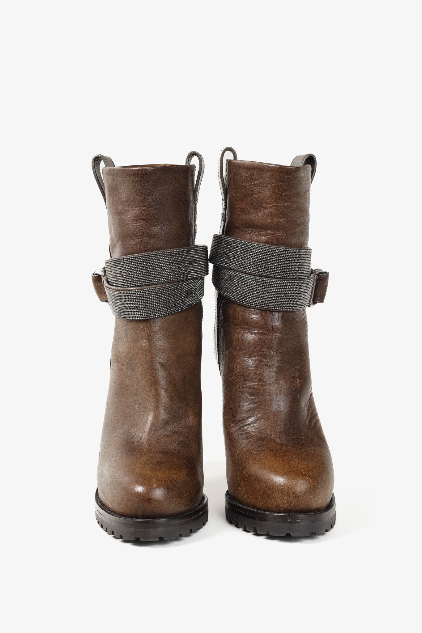 Brunello Cucinelli Brunello Cucinelli Brown Monili Trimmed Leather Lug Boots Size US 6.5 / IT 36.5 - 2 Thumbnail